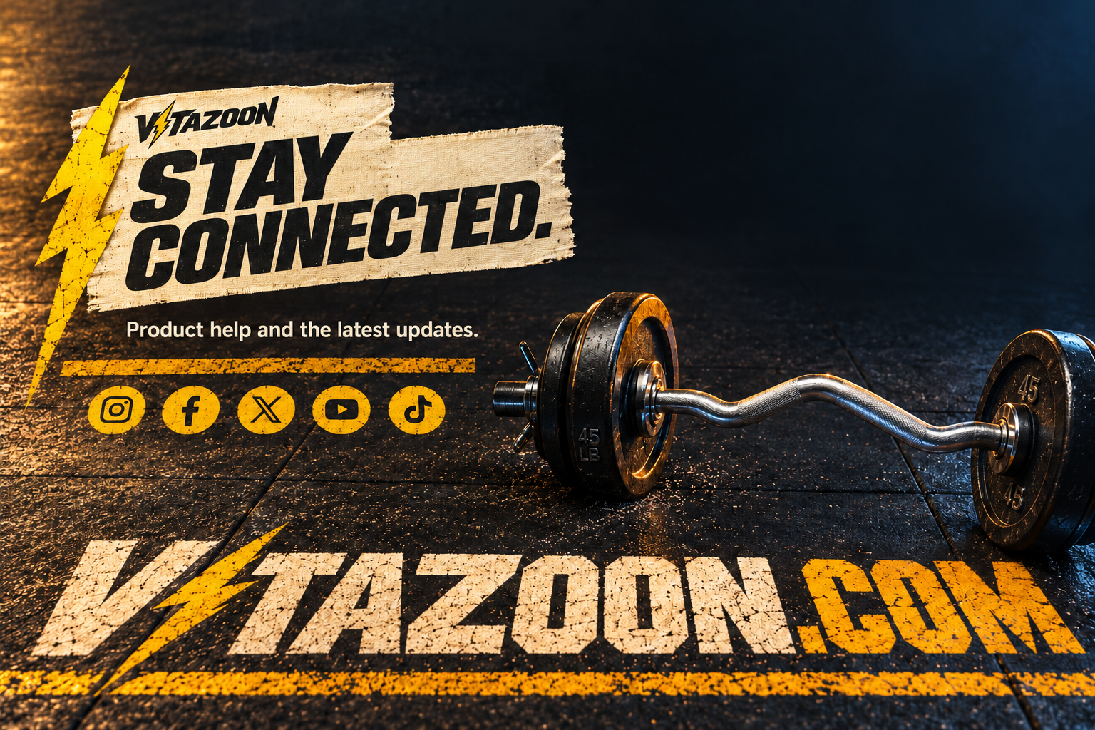 VitaZoon. Stay connected. Product help and the latest updates. Athletic tape and yellow lightning above a gym floor with an EZ bar and the VitaZoon.com floor mark.