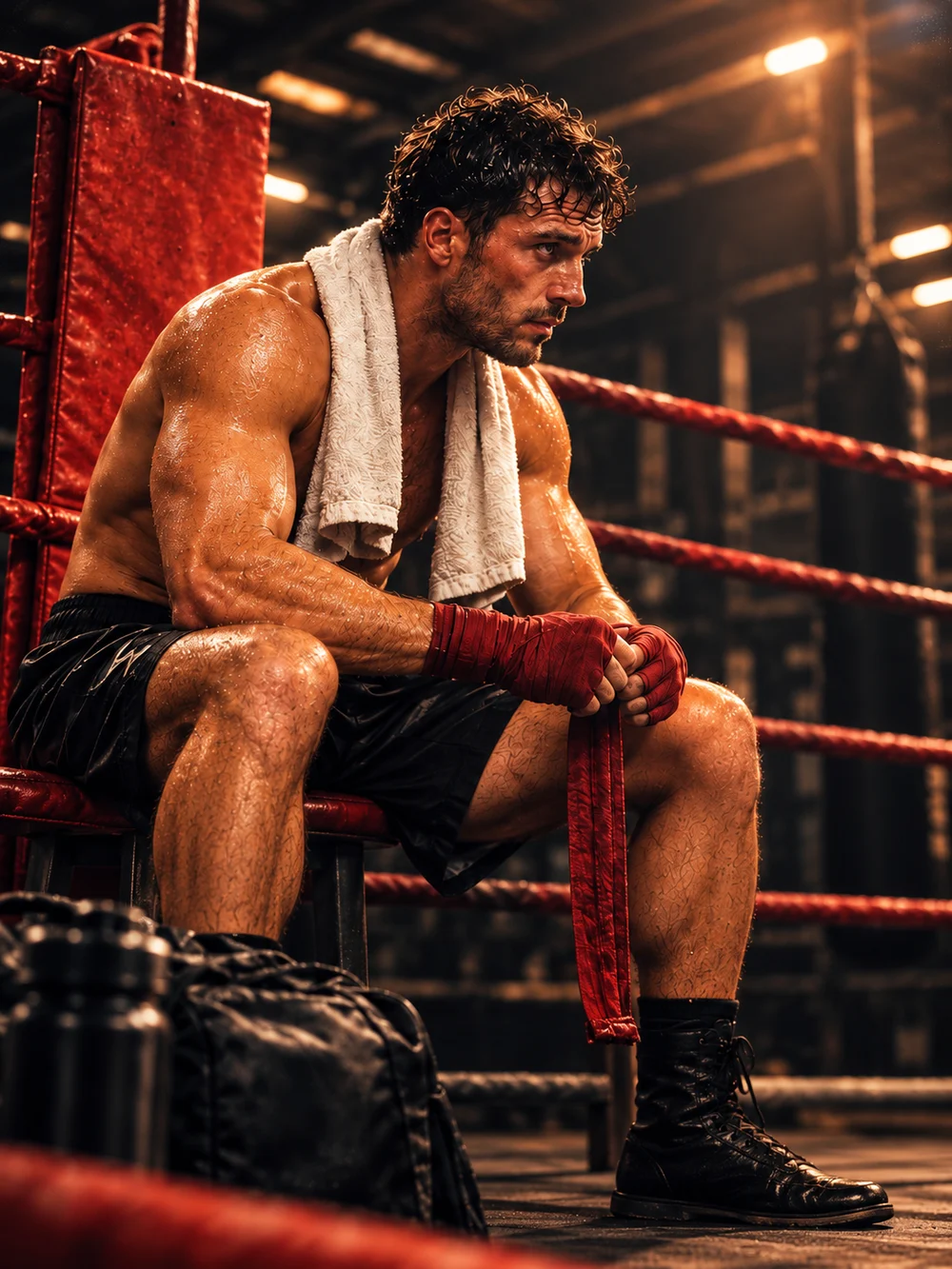 Boxer resting in the corner between rounds